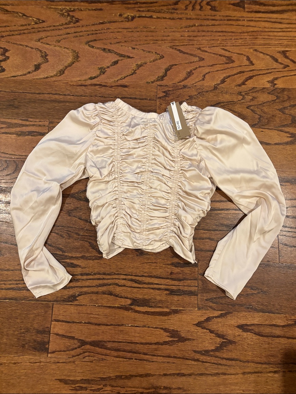 DO+BE Ivory Ruched Satin Puff-Sleeve Crop Top